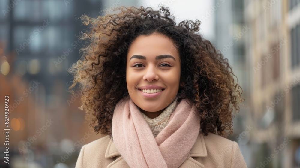 Smiling black woman in business photo and city journey on New York street celebrating freedom. Young person with natural hair, beauty, and fashion walking among metropolitan structures. Smiling black woman in business photo and city journey on New York street celebrating freedom. Young person with natural hair, beauty, and fashion walking among metropolitan structures.