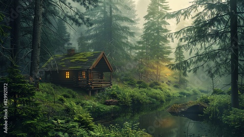 A wooden cabin nestled in a misty forest. The cabin is surrounded by tall trees and lush greenery. A river runs in front of the cabin. photo