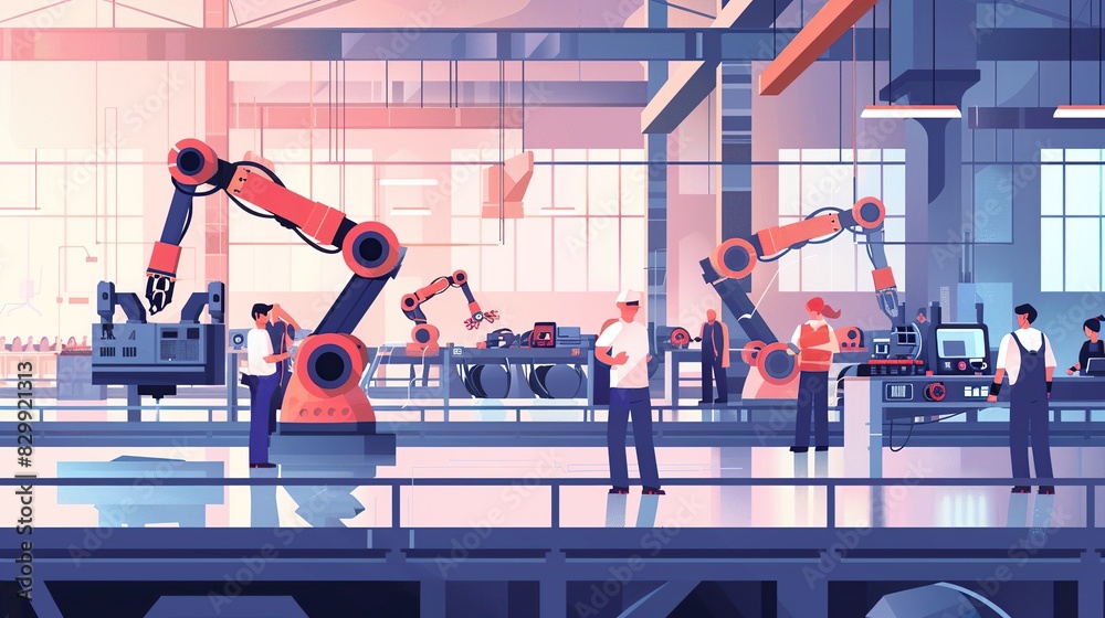 Factory workers interacting with robotic arms on an assembly line ...