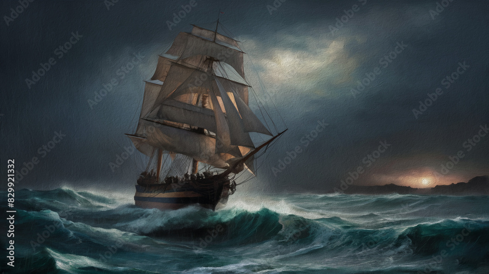 Obraz premium Sailing ship among the rough waves at sea, canvas painting, artwork