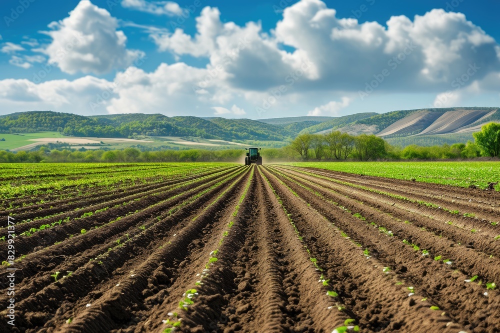 a tractor plowing a field with a plow, Agricultural field with automated machinery planting seeds a tractor plowing a field with a plow, Agricultural field with automated machinery planting seeds