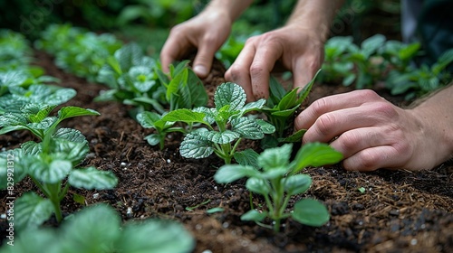 A gardener's hands spreading mulch around plants, helping to retain moisture in the soil. Minimal and Simple style photo