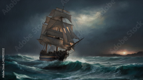Sailing ship among the rough waves at sea  canvas painting  artwork