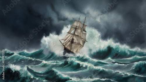 Sailing ship among the rough waves at sea, canvas painting, artwork
