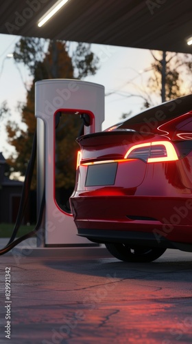 Modern electric car being charged at modern charging station. Eco-friendly technology  emphasizing progress in automotive advancements.