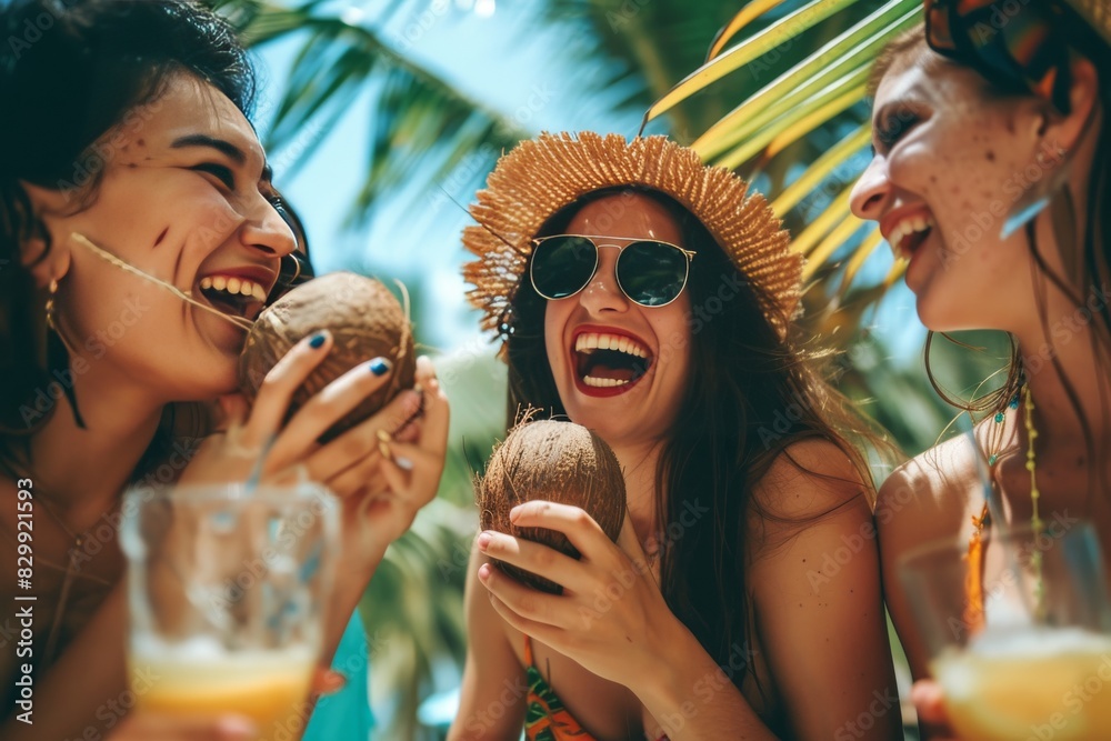 a group of friends drinking coconut water on the beach, A group of friends on a tropical vacation, laughing and sipping on coconut drinks a group of friends drinking coconut water on the beach, A group of friends on a tropical vacation, laughing and sipping on coconut drinks