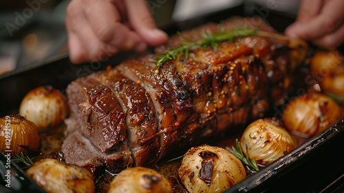 A chef's hands basting a roast with juices, keeping it moist and flavorful during cooking. Minimal and Simple style photo