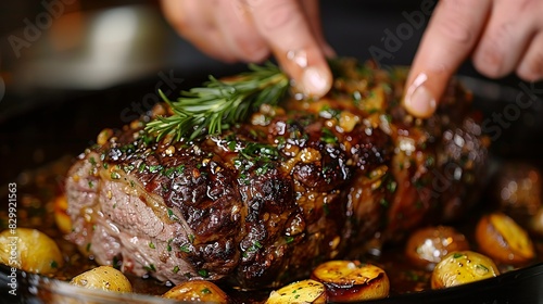 A chef's hands basting a roast with juices, keeping it moist and flavorful during cooking. Minimal and Simple style