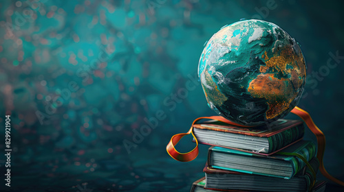 3D render of a globe with textbooks and ribbon represents global knowledge and education  highlighting academic achievement in vibrant colors.