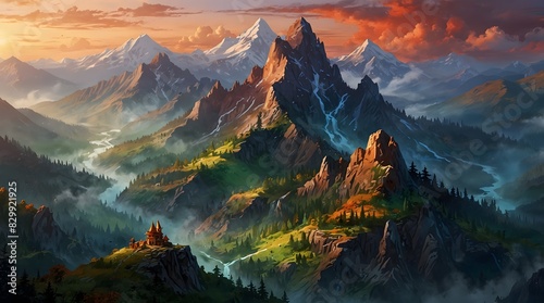 A fantasy world where each mountain is painted in vibrant hues, telling the story of its ancient guardians ai_generated photo
