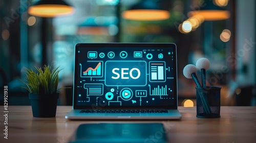 SEO concept featuring a laptop with a search bar, highlighting digital marketing techniques