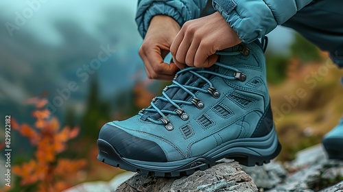 Hands tying the laces of hiking boots, preparing for an eco-friendly mountain trek. Minimal and Simple style
