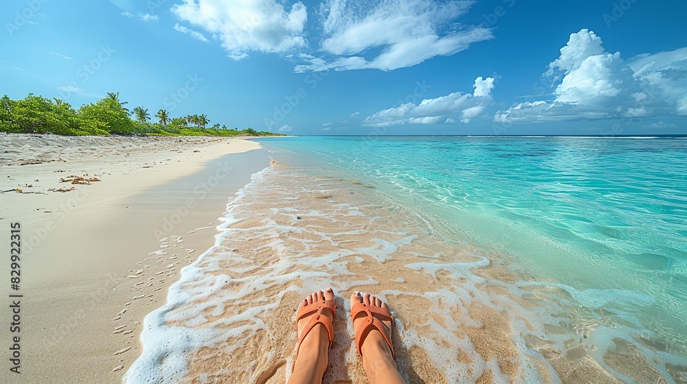 Legs wearing biodegradable sandals walking along a pristine sandy beach. Minimal and Simple style Legs wearing biodegradable sandals walking along a pristine sandy beach. Minimal and Simple style