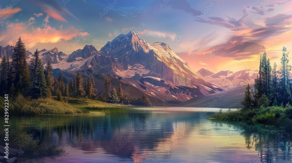 majestic mountain sunrise over tranquil alpine lake capturing natures serene beauty digital painting