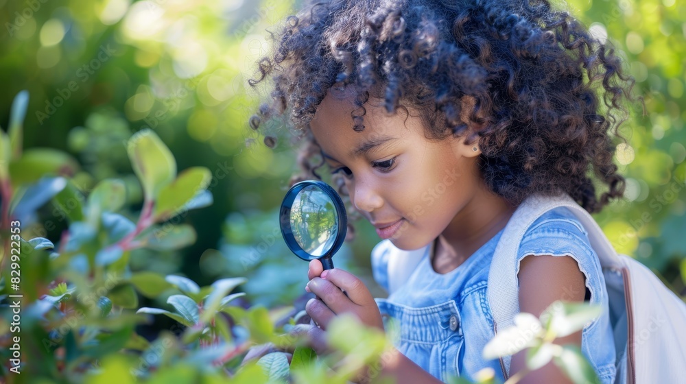 Girl youngster, magnifying glass, and plants in garden, backyard, or park for science, study, or outside. Young girl, lens and zoom for nature, summer leaf, ecology, and growth research. Girl youngster, magnifying glass, and plants in garden, backyard, or park for science, study, or outside. Young girl, lens and zoom for nature, summer leaf, ecology, and growth research.