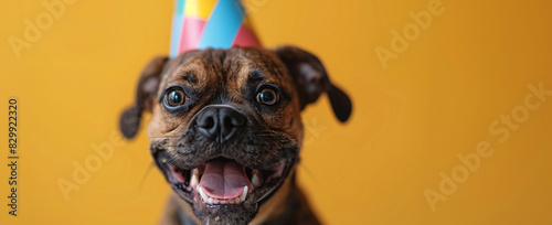 Bulldog is wearing Birthday hat.