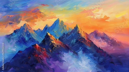 majestic mountain sunset breathtaking panoramic vista of rugged peaks bathed in vibrant hues oil painting photo