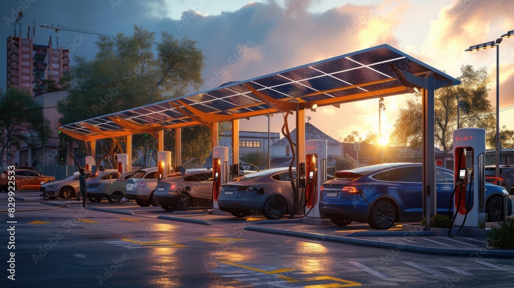 An aerial view of a car charging station in a parking lot, combining ...