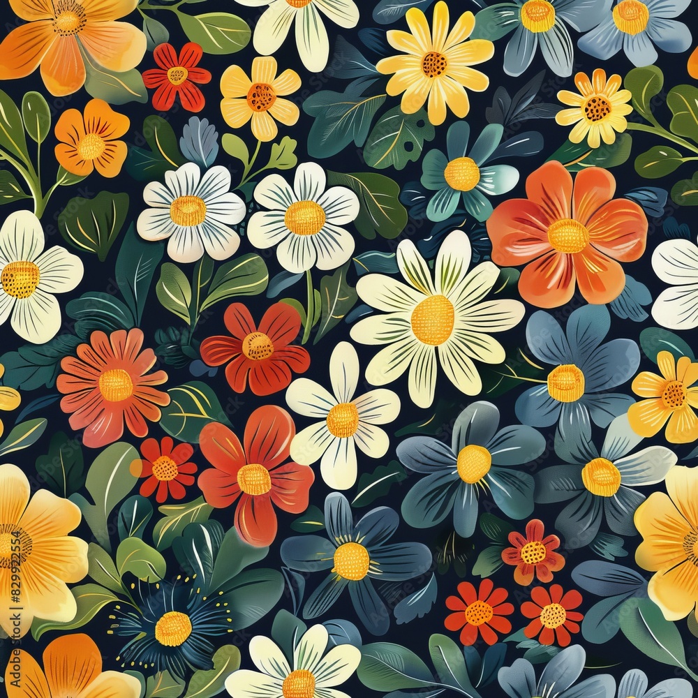 Radiant Blossoms on Midnight Seamless Pattern
