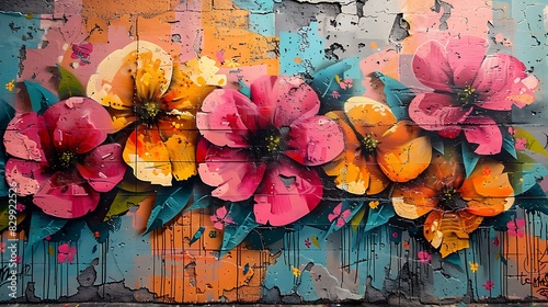 Urban graffiti art with abstract flowers, bold and vivid colors, street art elements, dynamic composition, spray paint textures, bright pinks, greens, and oranges, artistic text, energetic. photo