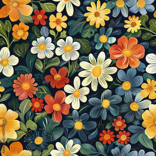 Radiant Blossoms on Midnight Seamless Pattern