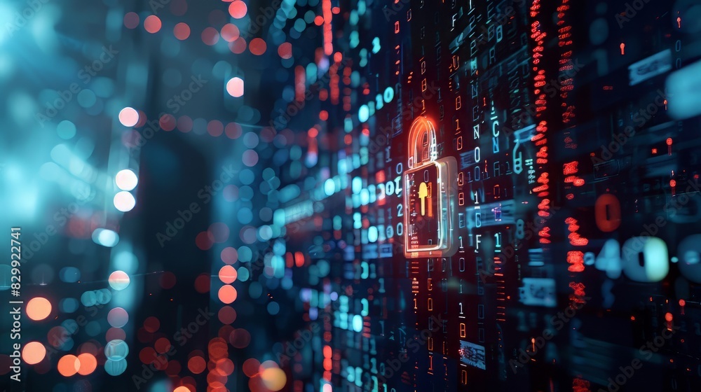 Fototapeta premium Glowing yellow padlock icon over blue circuit board background.