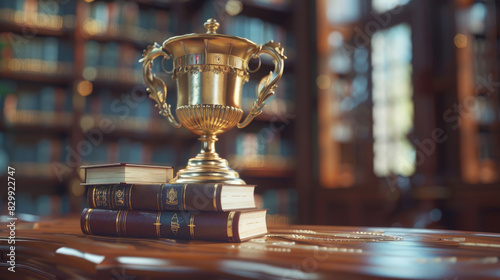 Detailed 3D render of a gold trophy and books at a graduation ceremony, symbolizing academic victory and excellence with vibrant colors and close-up view. photo