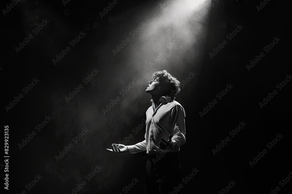 a man sitting on the ground in front of a light, An actor lost in the moment, embodying a thousand emotions on stage under a single spotlight a man sitting on the ground in front of a light, An actor lost in the moment, embodying a thousand emotions on stage under a single spotlight