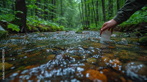 Close-up of hands collecting water samples for environmental testing in a forest stream. Minimal and Simple style photo