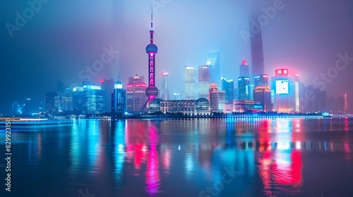 panoramic view of shanghai skyline at night with neon lights and reflections in huangpu river vibrant cityscape photo