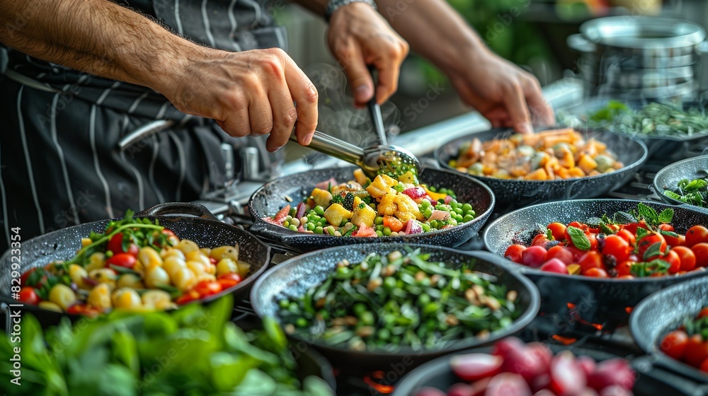 Hands preparing a meal with organic ingredients at a sustainable outdoor kitchen. Minimal and Simple style