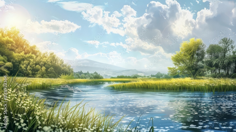 Obraz premium majestic river flowing through serene meadow landscape idyllic nature scenery ai generated illustration