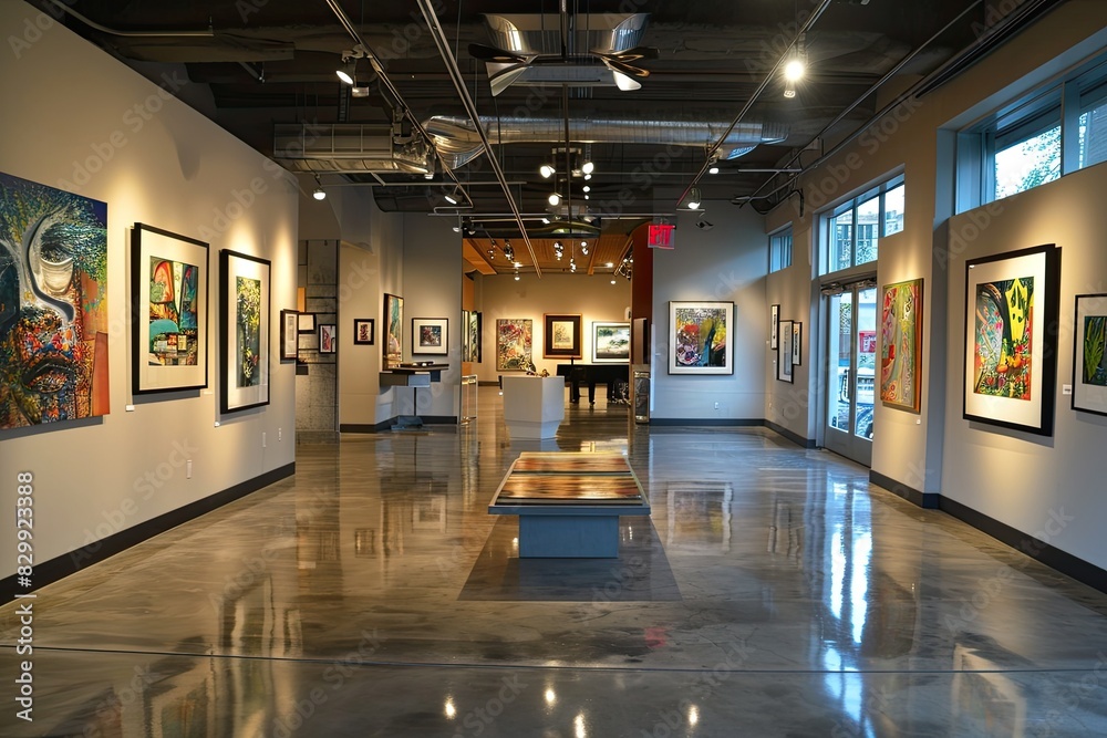 a large room with a lot of paintings on the walls, An art gallery showcasing contemporary paintings a large room with a lot of paintings on the walls, An art gallery showcasing contemporary paintings