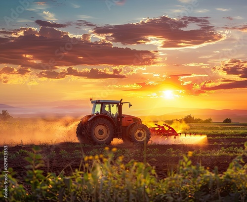 Irrigation tractor at sunset  showcasing tech role in modern agriculture and food sustainability