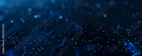 Abstract digital network circuit board background banner with glowing light and connecting data dots in blue and black colors. Big data technology concept.