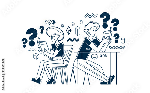 Young people reading books searching for information, learn science, self-education, fiction literature, inquire and analysis, vector outline illustration.