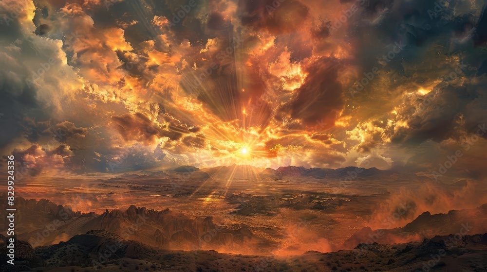 majestic sunrise breaking through clouds over desert landscape ai generated digital painting landscape photography
