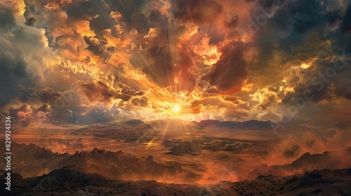 majestic sunrise breaking through clouds over desert landscape ai generated digital painting landscape photography © Jelena