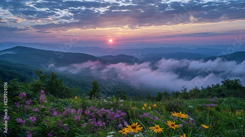 majestic sunrise over misty mountains with vibrant wildflowers in foreground © Jelena