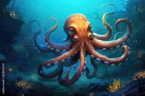 an octopus is swimming in the ocean, A quirky and intelligent octopus in the deep sea