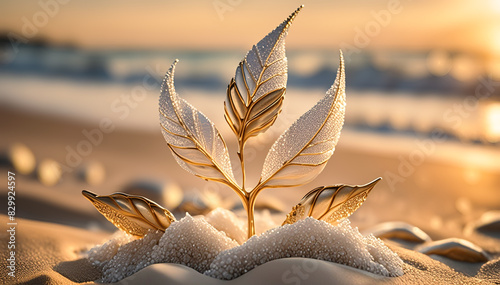 Abstrakcyjny motyw kwiatowy, złote liście, ornament © Iwona