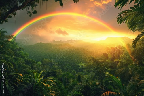 a rainbow is shining in the sky over a green forest, A rainbow over a lush, emerald rainforest © SaroStock