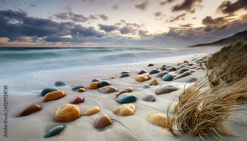 Panel kuchenny z motywem Krajobraz morski, plaża zachód słońca, kolorowe kamienie i fale