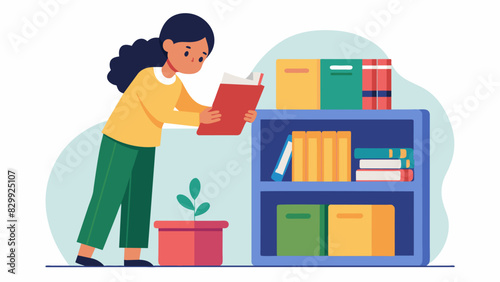 A young girl pauses in front of the librarys book return bin carefully checking each books title and making sure it goes in the right spot before gently dropping it into the bin.. Vector illustration