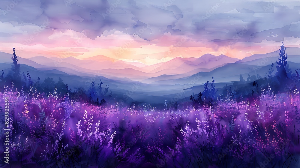 Watercolor wash of lavender fields at dusk, gentle strokes, gradient purples blending with soft blues, dreamy and serene, delicate lavender flowers, light and airy composition, peaceful ambiance. Watercolor wash of lavender fields at dusk, gentle strokes, gradient purples blending with soft blues, dreamy and serene, delicate lavender flowers, light and airy composition, peaceful ambiance.