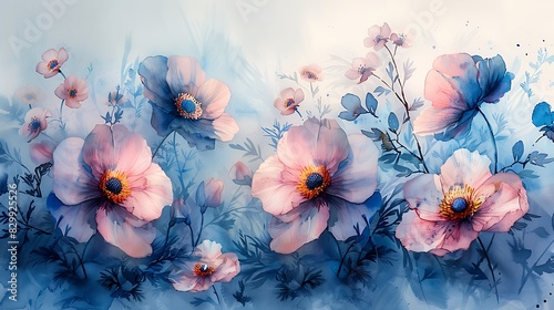 Watercolor wash of delicate flowers, soft and layered, translucent watercolors, pastel hues, gentle blending, serene and tranquil, light and airy composition, soft pinks and blues, detailed petals.
