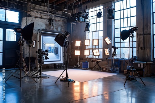 a photo studio with lighting equipment and a red curtain, A studio setup with multiple light sources for a dynamic and vibrant scene