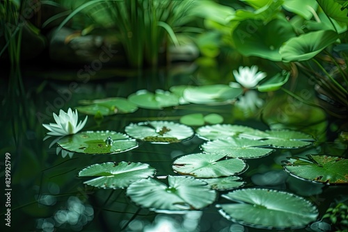 a pond with lily pads and a waterfall, A tranquil pond with lily pads and frogs croaking photo