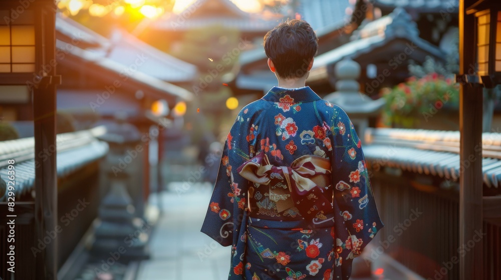 A woman wearing a kimono walks through a traditional Japanese village