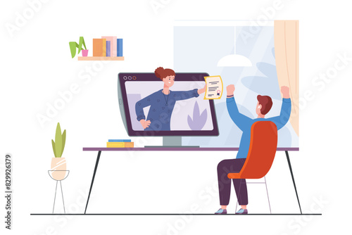 Graduate distant education. Happy man received diploma digital certificate from online school teacher in computer screen, business web course elearning student vector illustration